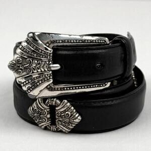 Vtg Fossil Black Genuine Leather Western Concho-Style Belt Silver Tone Hardware
